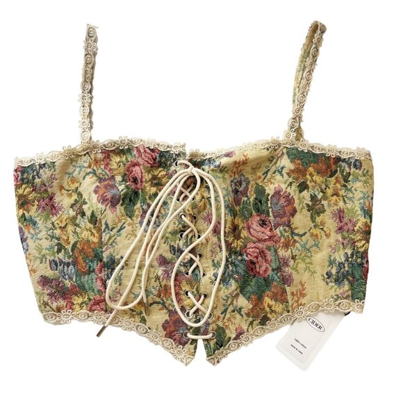 Cider Tops - NEW Cider Secret Garden Corset Crop Top Tapestry Floral Lace Up Size Large